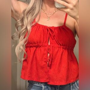 Cotton On Bright Red Eyelet Tie-Front Tank Top